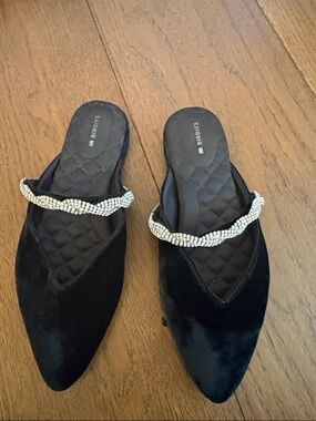 Birdies Black Velvet Pointed Slip-On Mules with Crystal-Embellished Strap